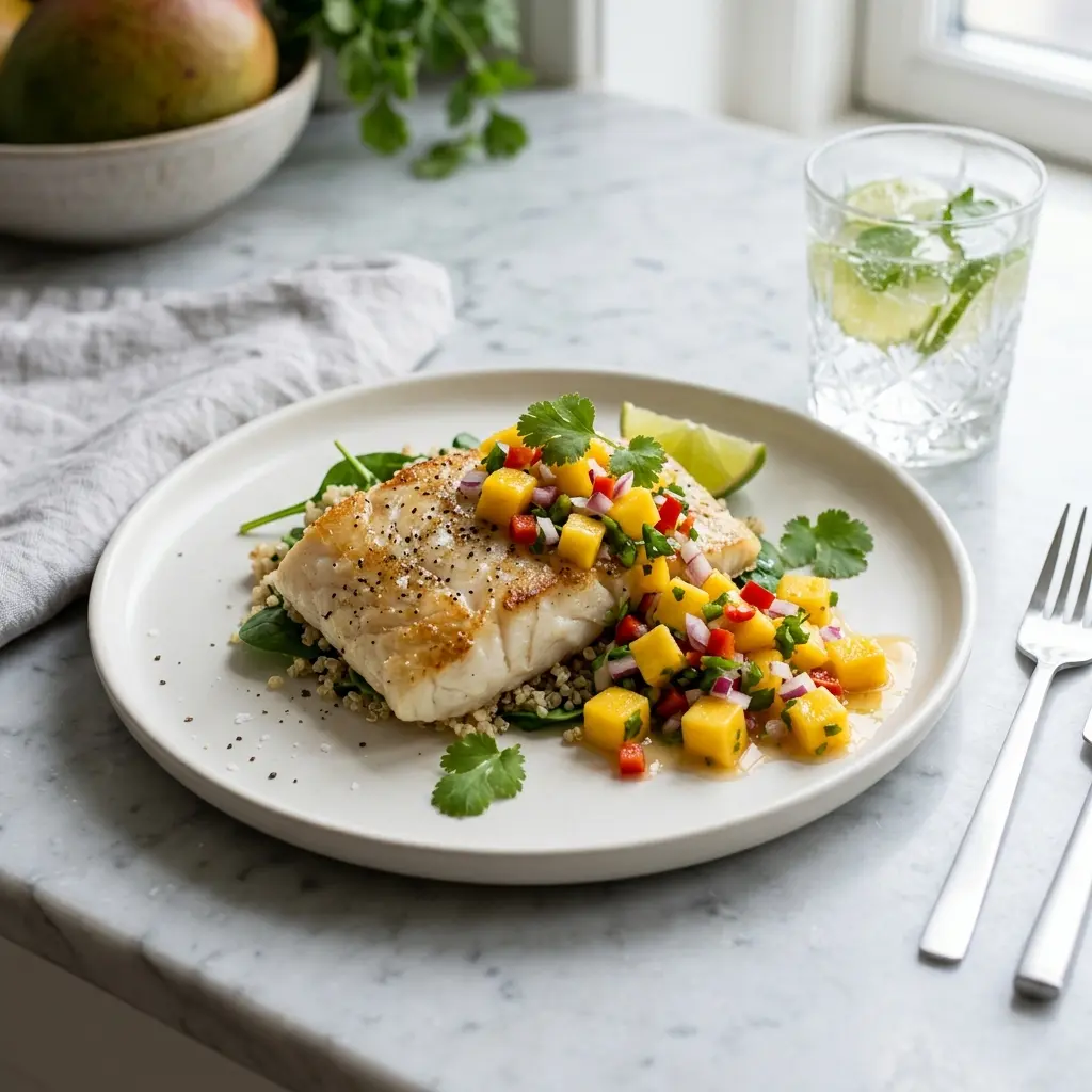 En smukt anrettet tallerken med saftig stegt torsk med mangosalsa og friske krydderurter på toppen