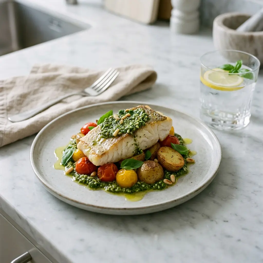 En lækker anretning af ovnbagt torsk med pesto serveret med friske grøntsager på en tallerken