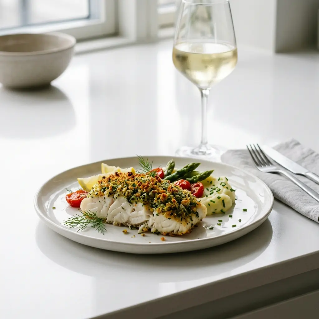 En lækker ovnbagt torsk med urtecrust serveret på en tallerken klar til at blive spist