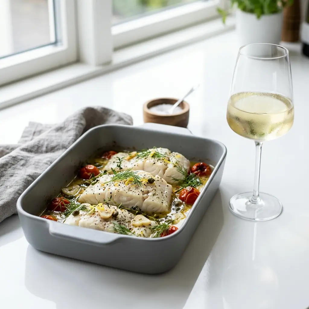 En lækker og veltilberedt torskefilet i ovn serveret på en hvid tallerken med friske krydderurter