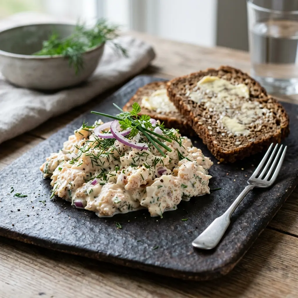En hjemmelavet torskerognsalat serveret i en skål klar til at blive spist på rugbrød