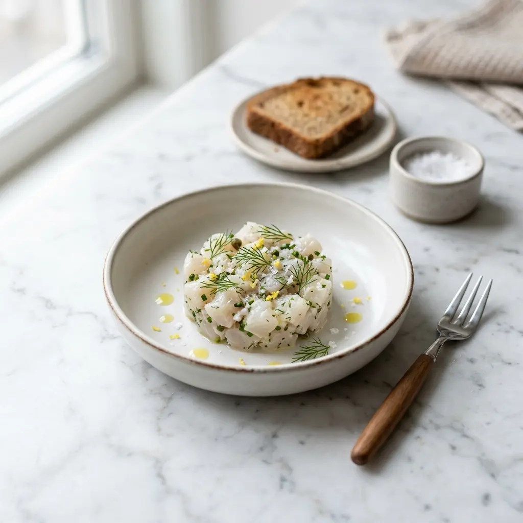En anretning af frisk torsketatar serveret som en elegant forret på en hvid tallerken
