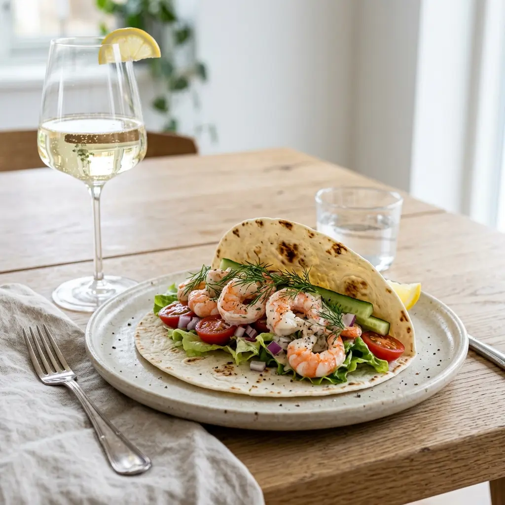 En lækker og frisk tortilla med rejer anrettet på en tallerken klar til servering
