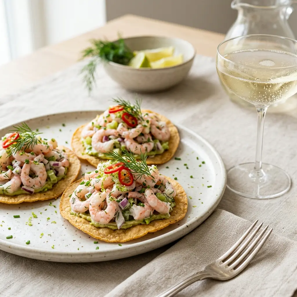 En lækker tallerken med sprøde tostadas med rejer toppet med friske grøntsager og lime