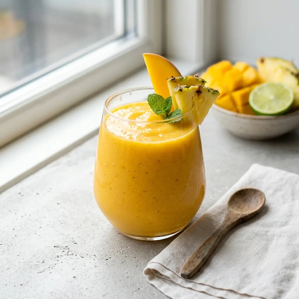 Et glas med en frisk og cremet tropisk smoothie pyntet med et lille stykke frugt