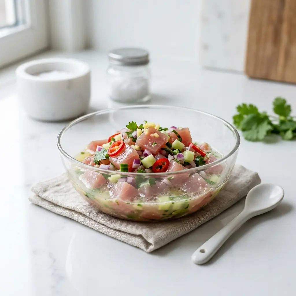 En frisk anrettet tun ceviche serveret i en skål som en let og elegant forret