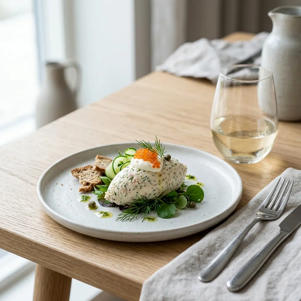 En flot tun mousse anretning serveret på en tallerken klar til at blive serveret som forret