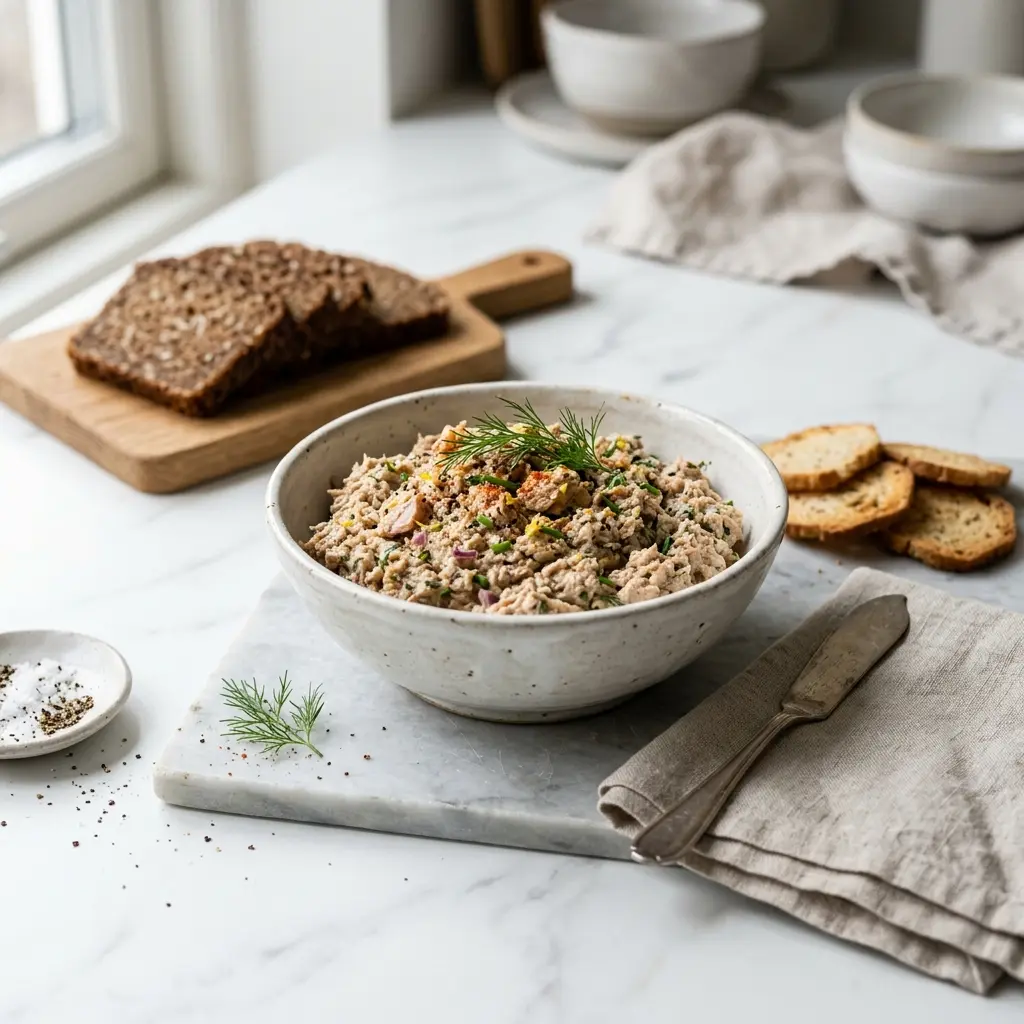 En lækker og cremet tun pate serveret på et stykke ristet brød med frisk dild