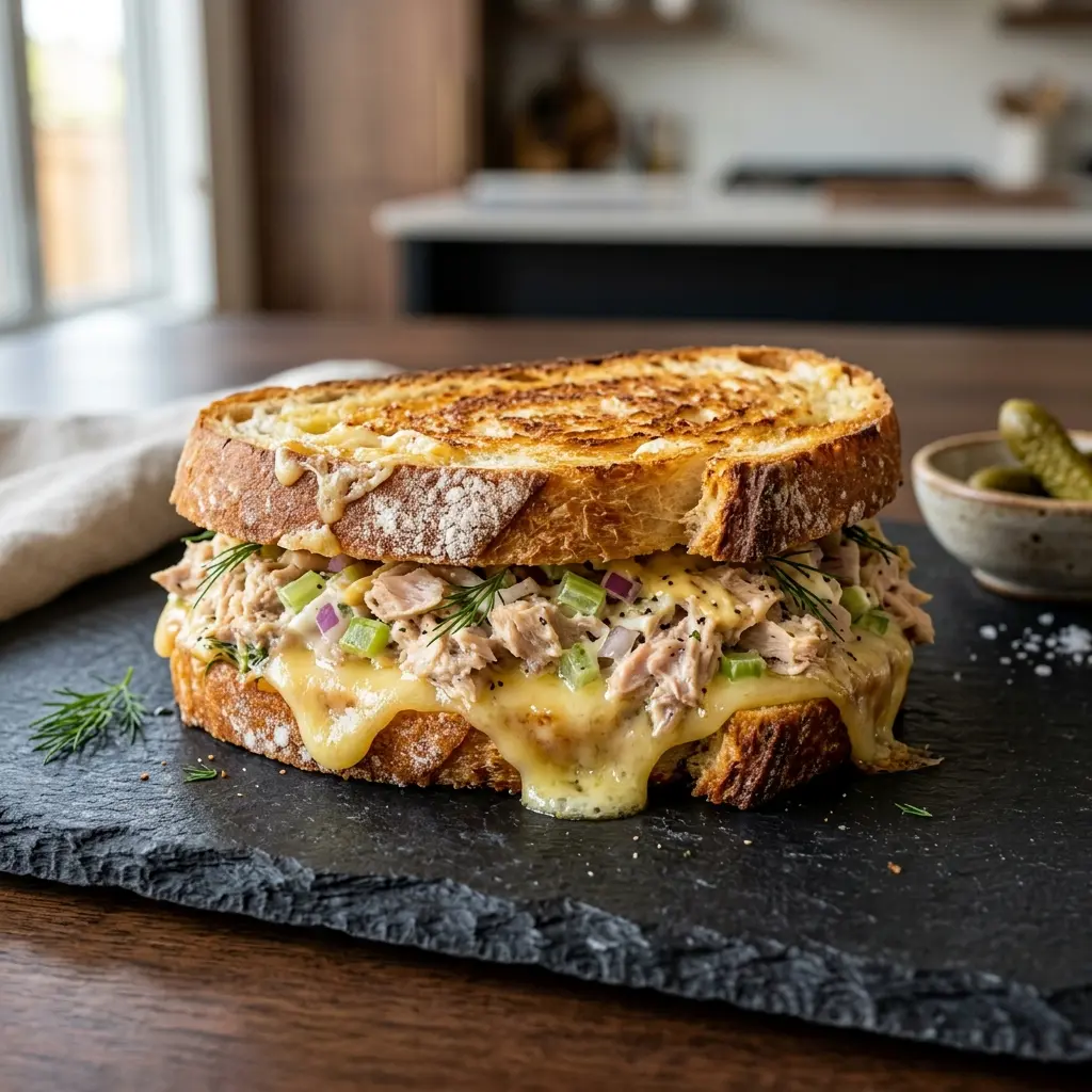 En lækker og sprød tuna melt sandwich serveret på en tallerken med smeltet gylden ost