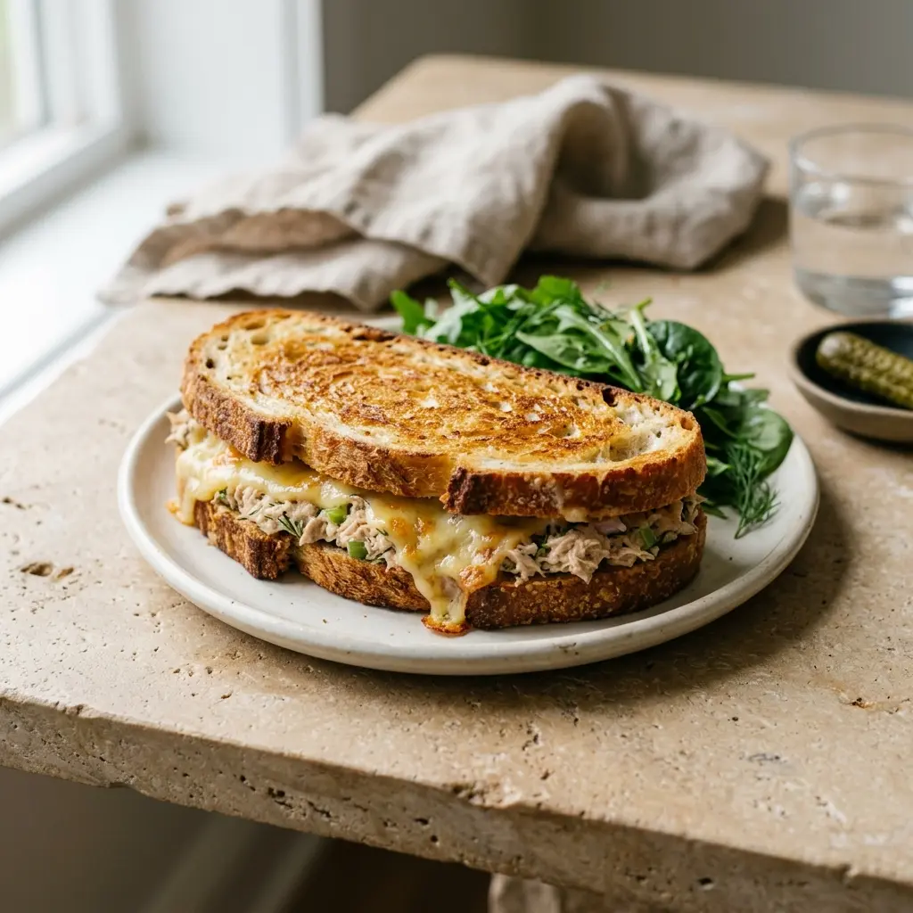 En lækker og sprød tuna melt serveret på en tallerken med smeltet ost og brød