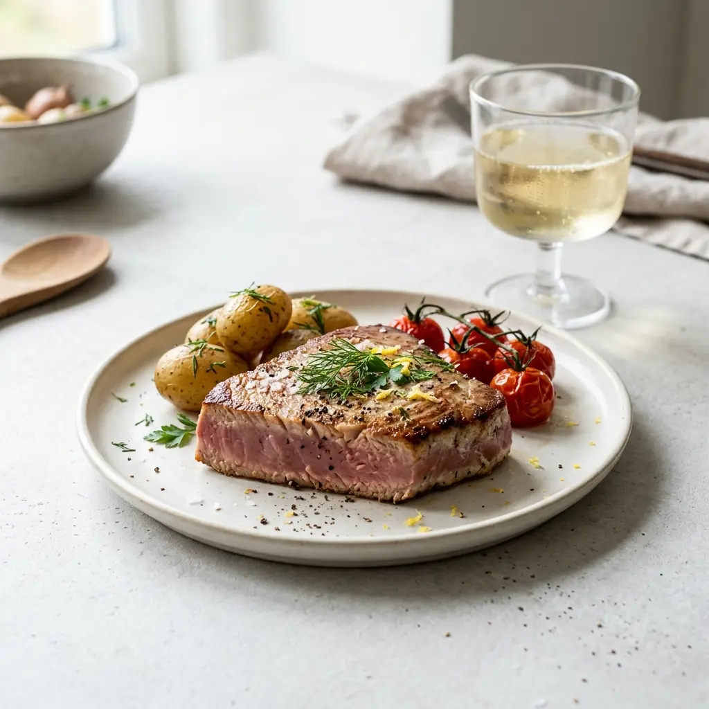 En lækker og saftig tunbøf i ovn serveret med friske krydderurter på en hvid tallerken