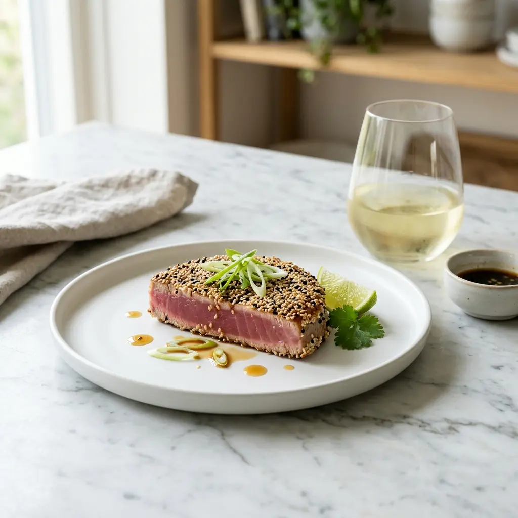 En lækker og veltilberedt tunbøf med sesam serveret på en hvid tallerken klar til servering