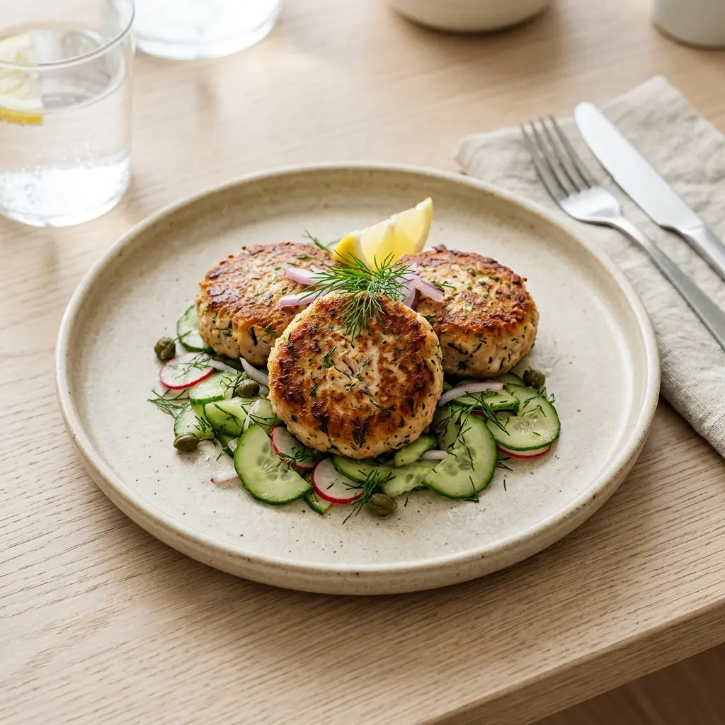 En tallerken med hjemmelavede tundeller serveret med en frisk grøn salat og cremet dressing
