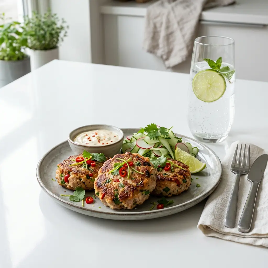 Lækre hjemmelavede tunfrikadeller med chili og lime serveret på en flot tallerken klar til servering