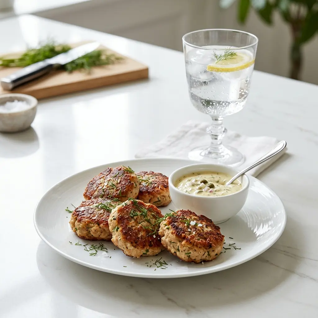 En tallerken med gyldne og sprøde tunfrikadeller serveret med en frisk grøn salat og citron