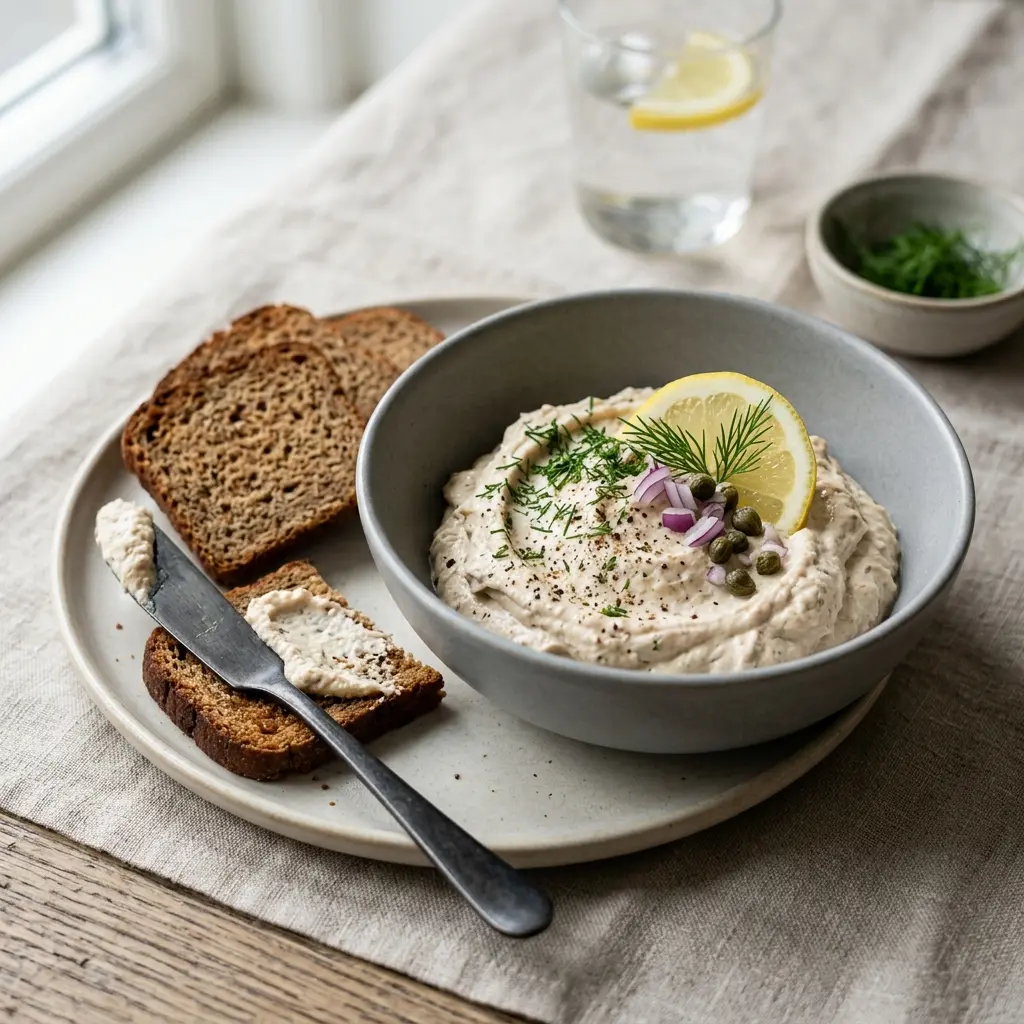 En flot anrettet tunmousse med creme fraiche serveret på et stykke ristet franskbrød med dild