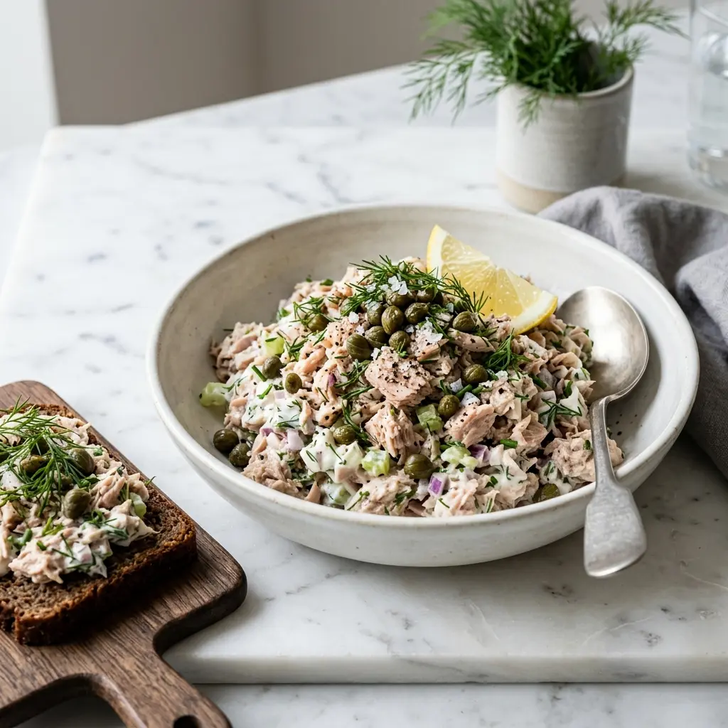 En lækker hjemmelavet tunsalat med kapers serveret i en skål klar til at blive spist