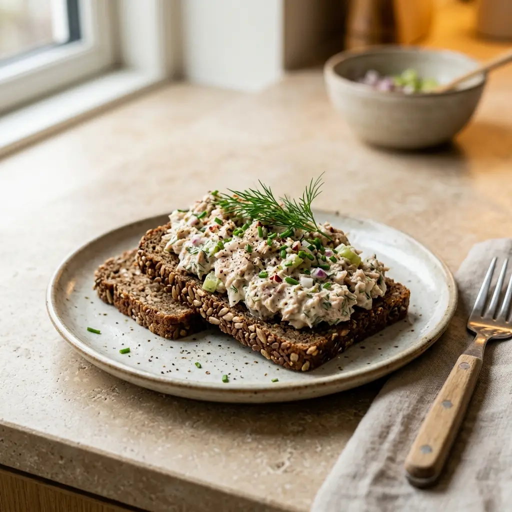 En lækker hjemmelavet tunsalat til rugbrød serveret som et sundt og mættende frokostmåltid på tallerken