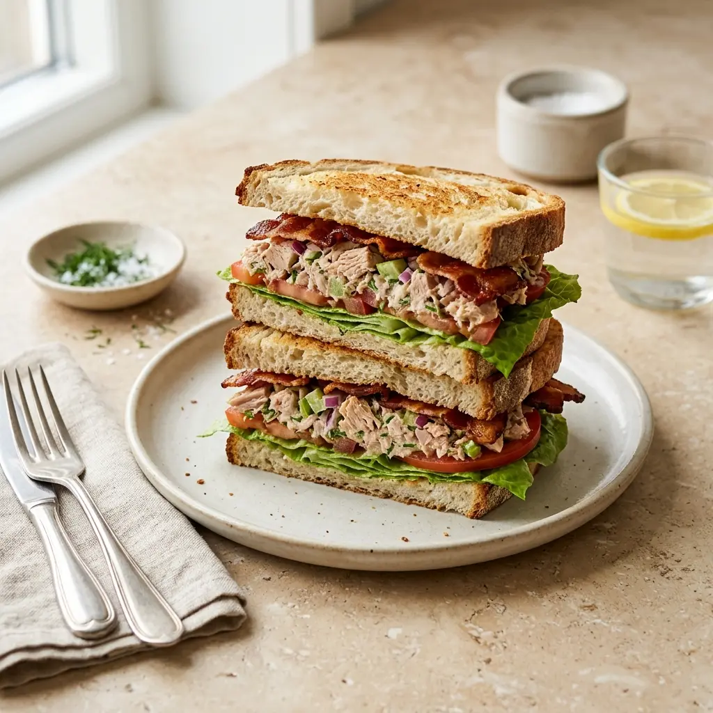 En lækker tunsandwich med bacon anrettet på en tallerken klar til at blive spist