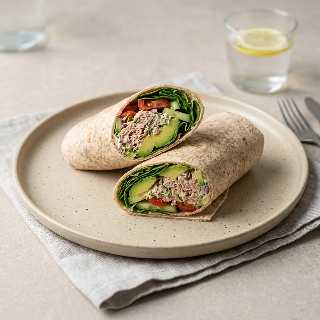 En lækker og sund tunwrap med avokado serveret som en nem frokost eller hurtig aftensmad