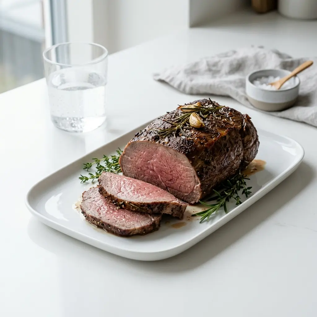 En lækker og mør tyndstegsfilet i ovn klar til servering med en flot stegeskorpe