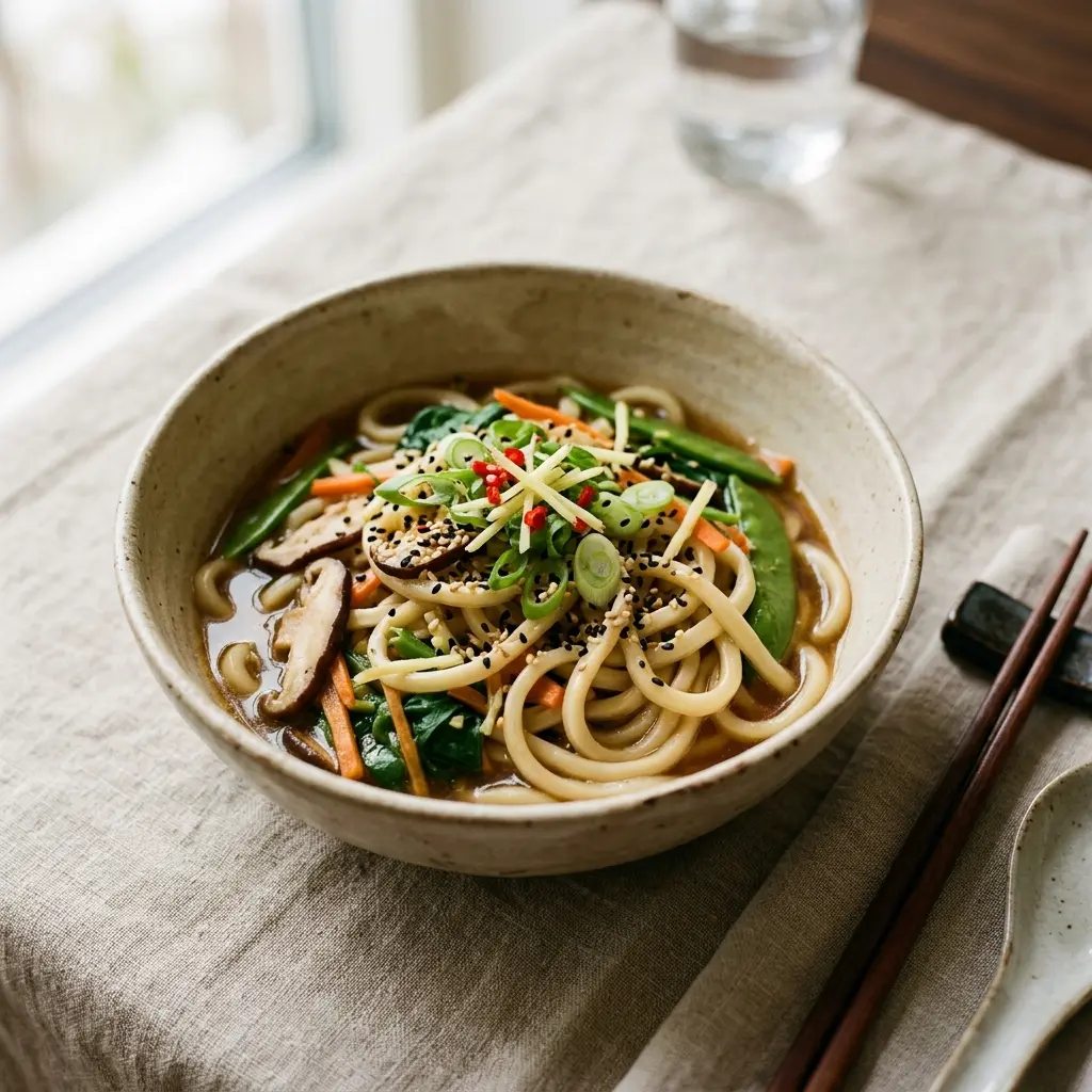 En lækker skål med hjemmelavede udon nudler med ingefær serveret med friske grøntsager og krydderurter