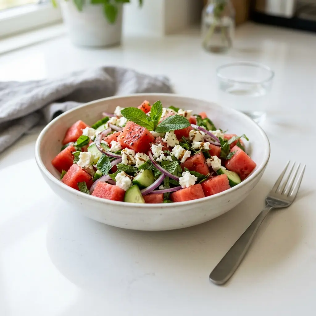 En frisk og farverig vandmelonsalat anrettet i en skål som et sundt og sommerligt tilbehør