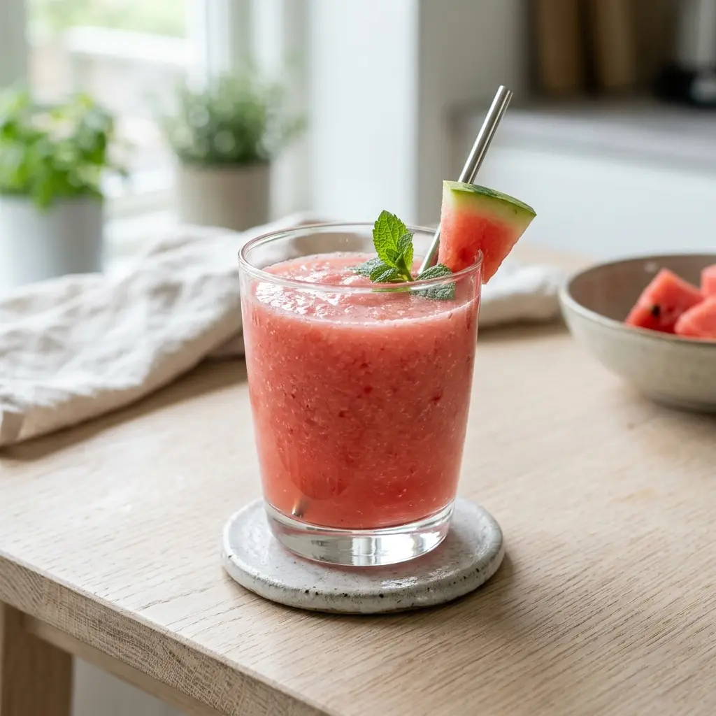Et glas forfriskende og lyserød vandmelonsmoothie pyntet med en lille skive frisk vandmelon på kanten