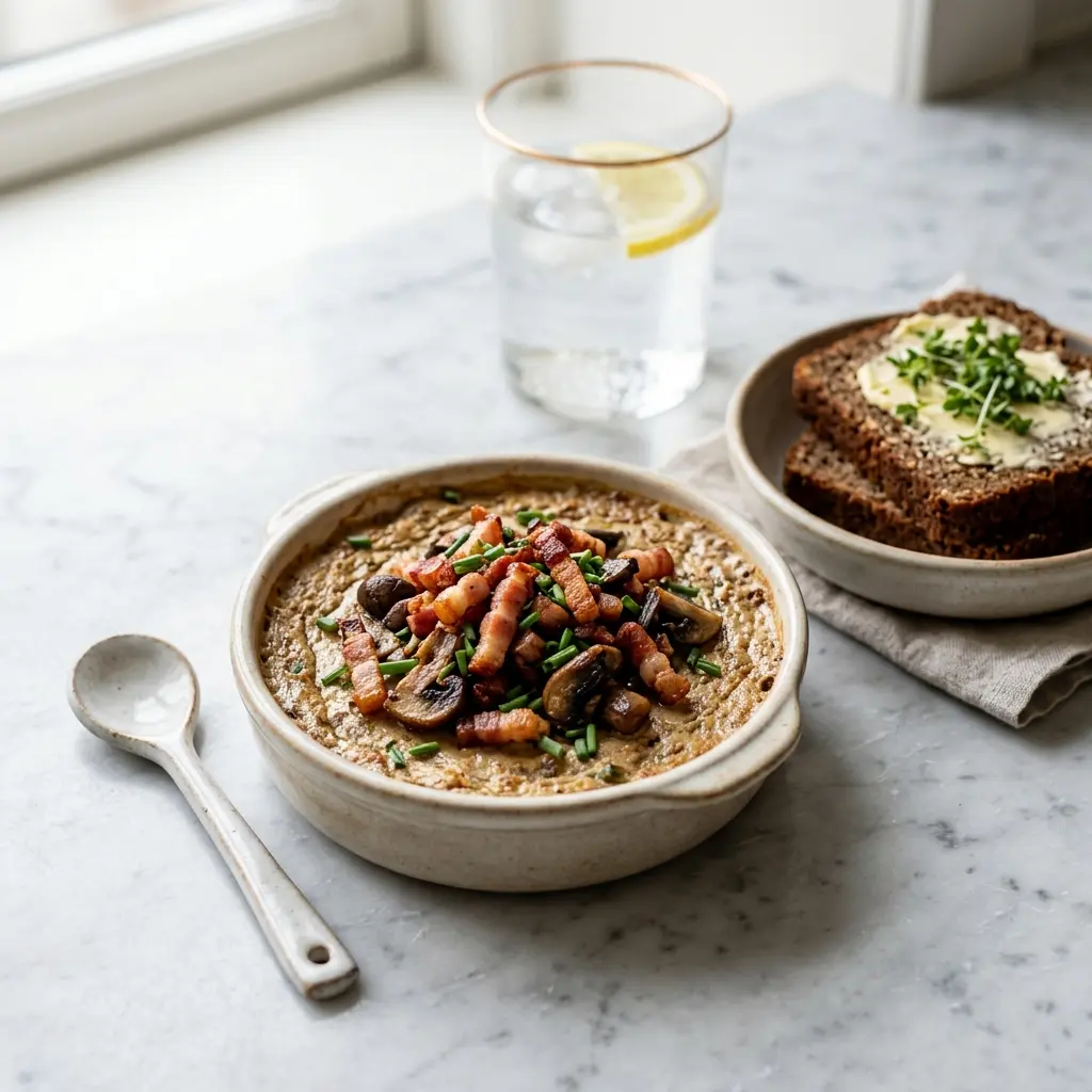 En lækker anretning af varm leverpostej med bacon og champignon serveret på et flot fad