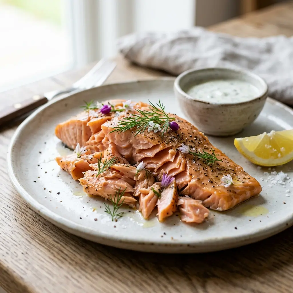 Et flot anrettet stykke varmrøget laks serveret på en tallerken klar til at blive nydt