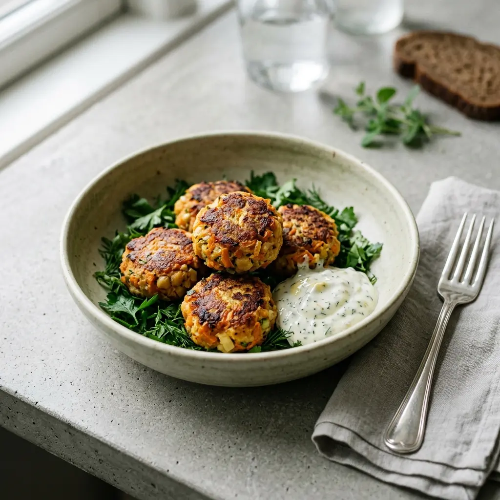 En tallerken med gyldne og sprøde vegetarfrikadeller serveret som et sundt og velsmagende vegetarisk måltid