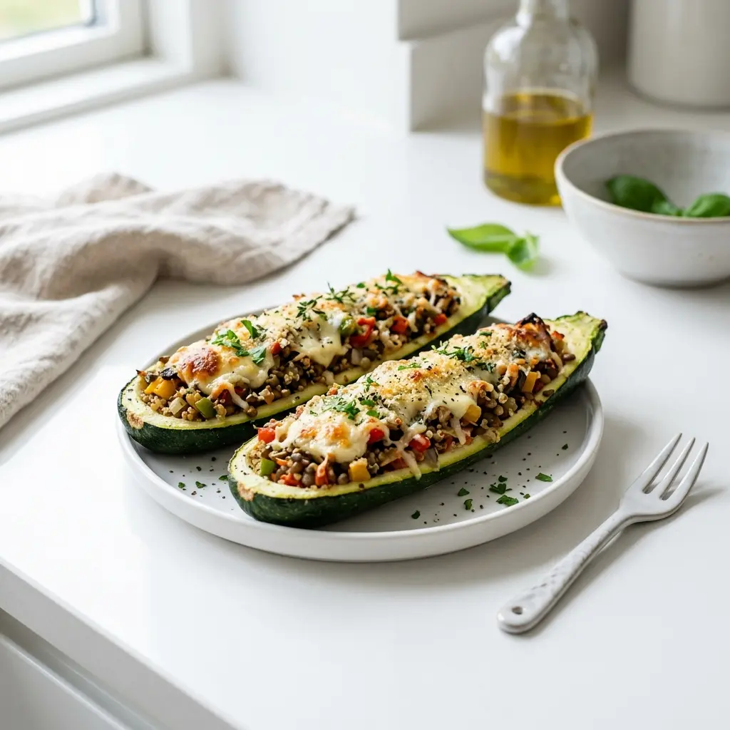 En lækker tallerken med vegetarisk fyldte squash toppet med smeltet ost og friske krydderurter