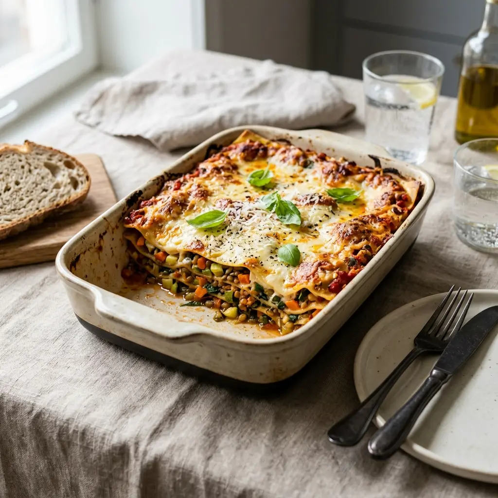En lækker hjemmelavet vegetarisk lasagne med friske grøntsager, smeltet ost og en cremet bechamelsauce på et fad