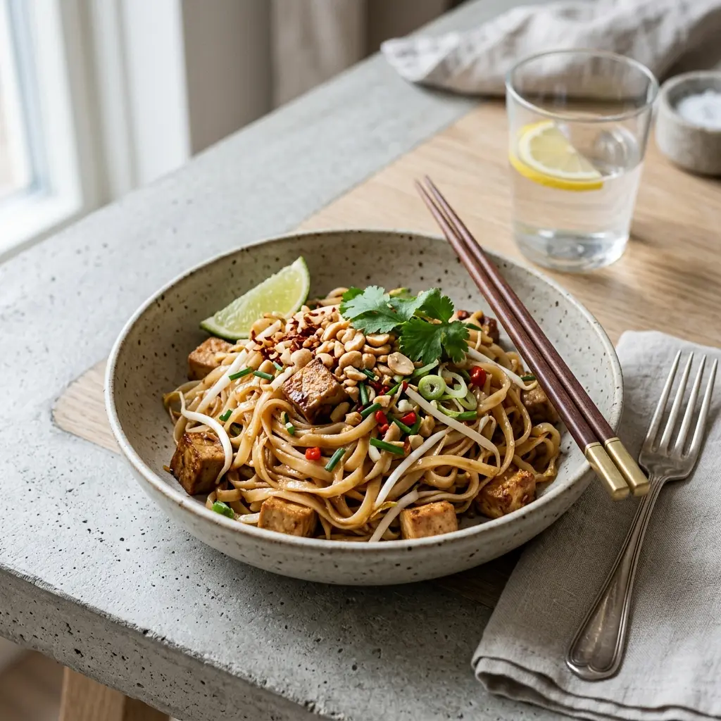 En farverig tallerken med vegetarisk pad thai toppet med friske krydderurter og knuste peanuts