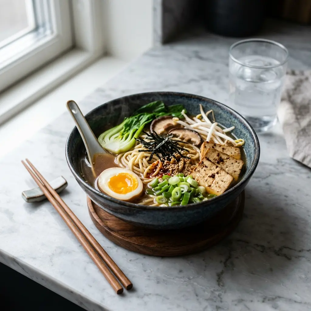 En skål med dampende varm vegetarisk ramen toppet med friske grøntsager og smagfuld bouillon