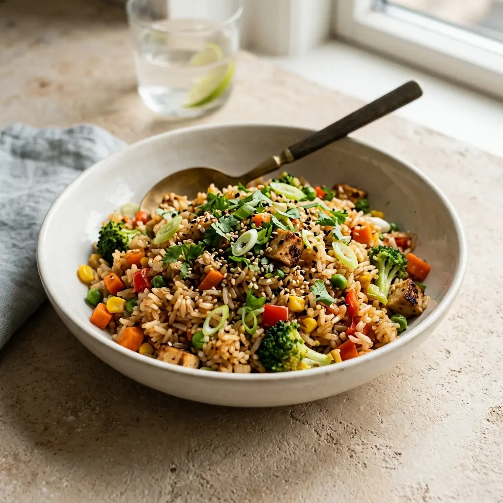 En farverig tallerken med vegetarisk stegte ris serveret med friske grøntsager og krydderurter