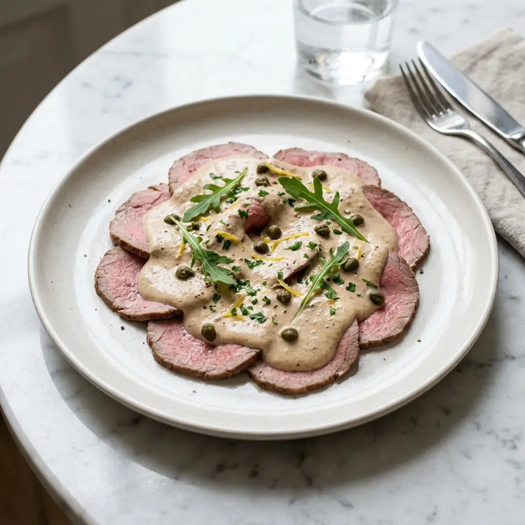 En flot anrettet tallerken med klassisk vitello tonnato med tunsovs og friske krydderurter som pynt