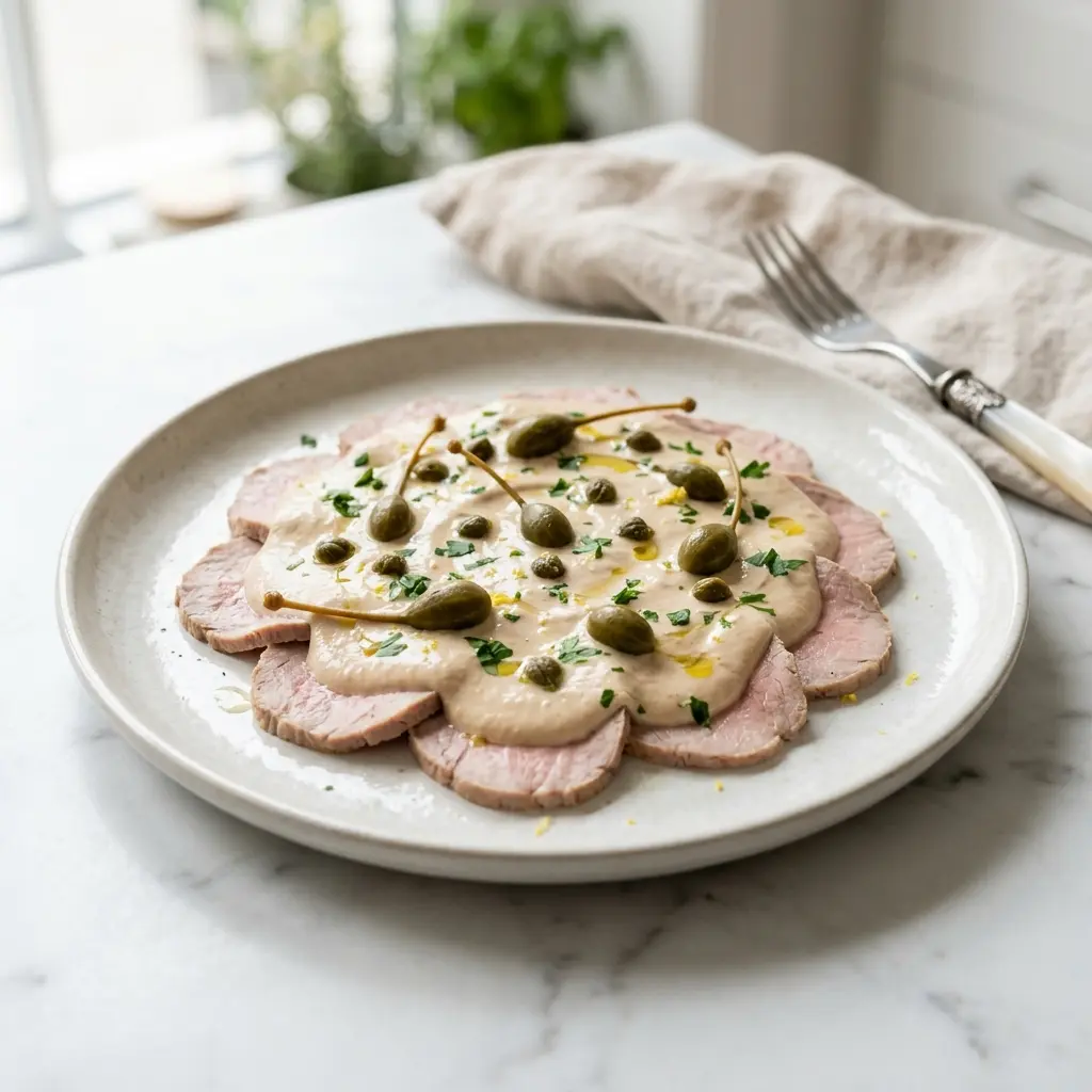 En klassisk italiensk vitello tonnato serveret med en cremet tunsauce og friske kapers på toppen