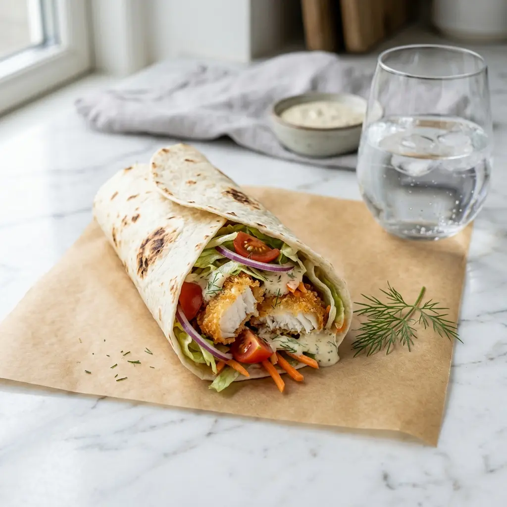 En lækker hjemmelavet wrap med sprød rødspætte serveret med friske grøntsager og en cremet dressing