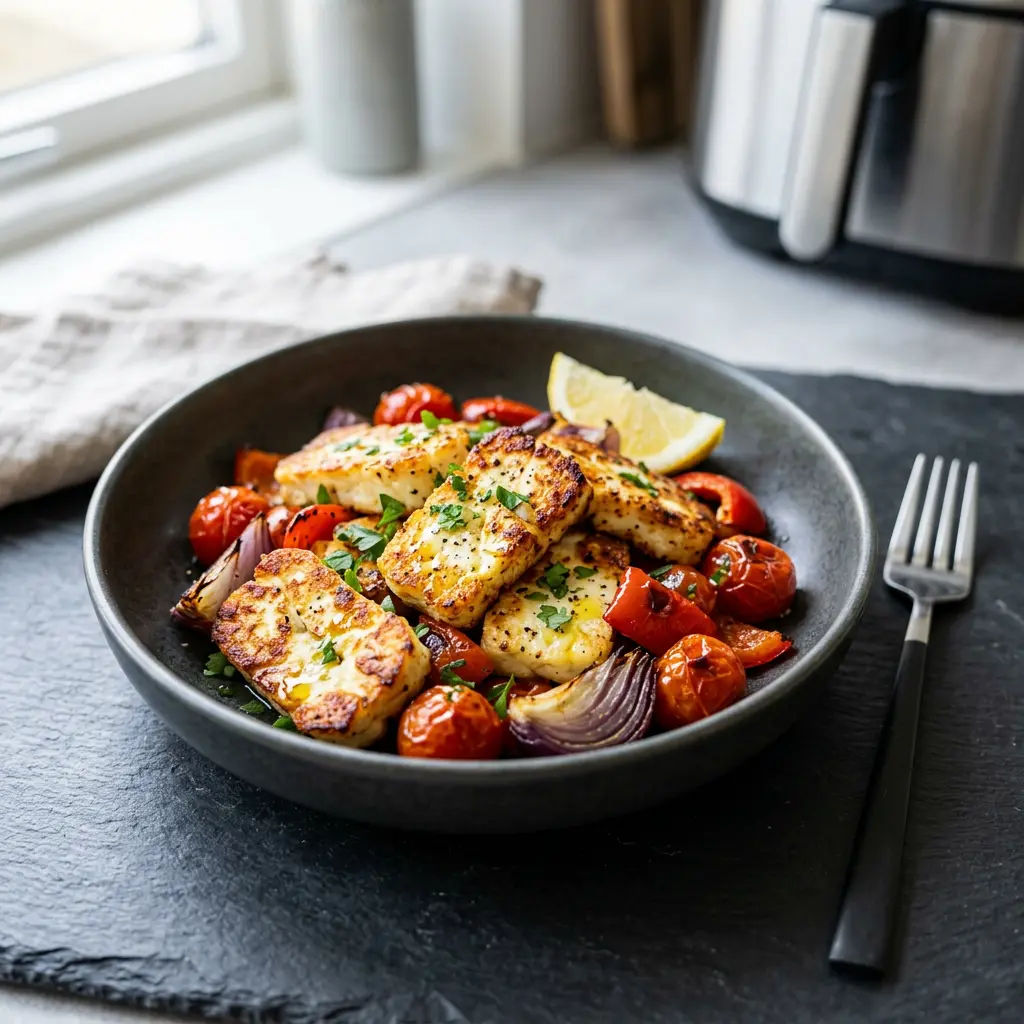 Foto af den færdige opskrift Halloumi i airfryer