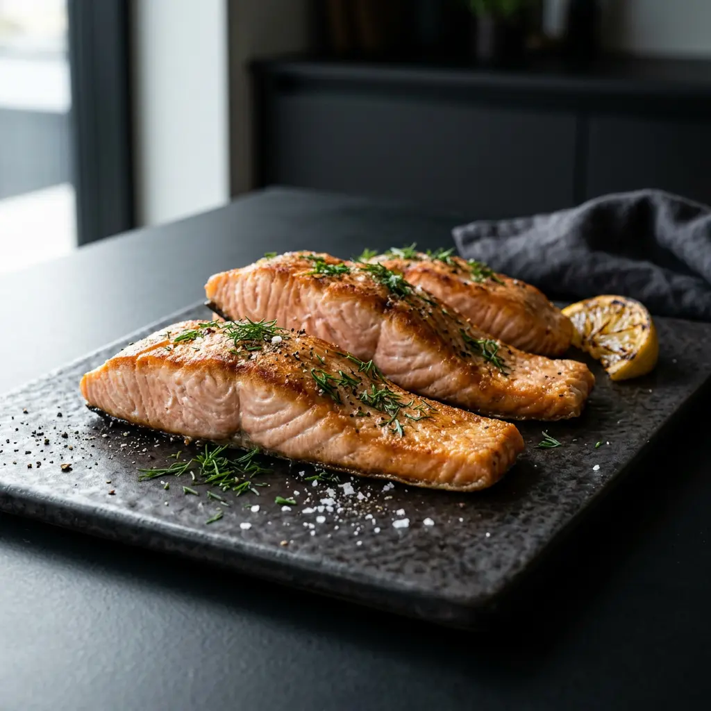 Foto af Laksestykker i airfryer med færdigtilberedt fisk eller skaldyr