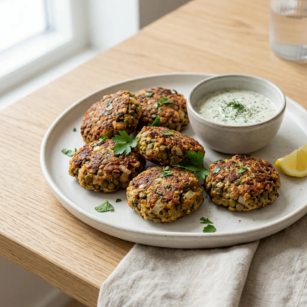 Foto af den færdige opskrift Linsefrikadeller i airfryer