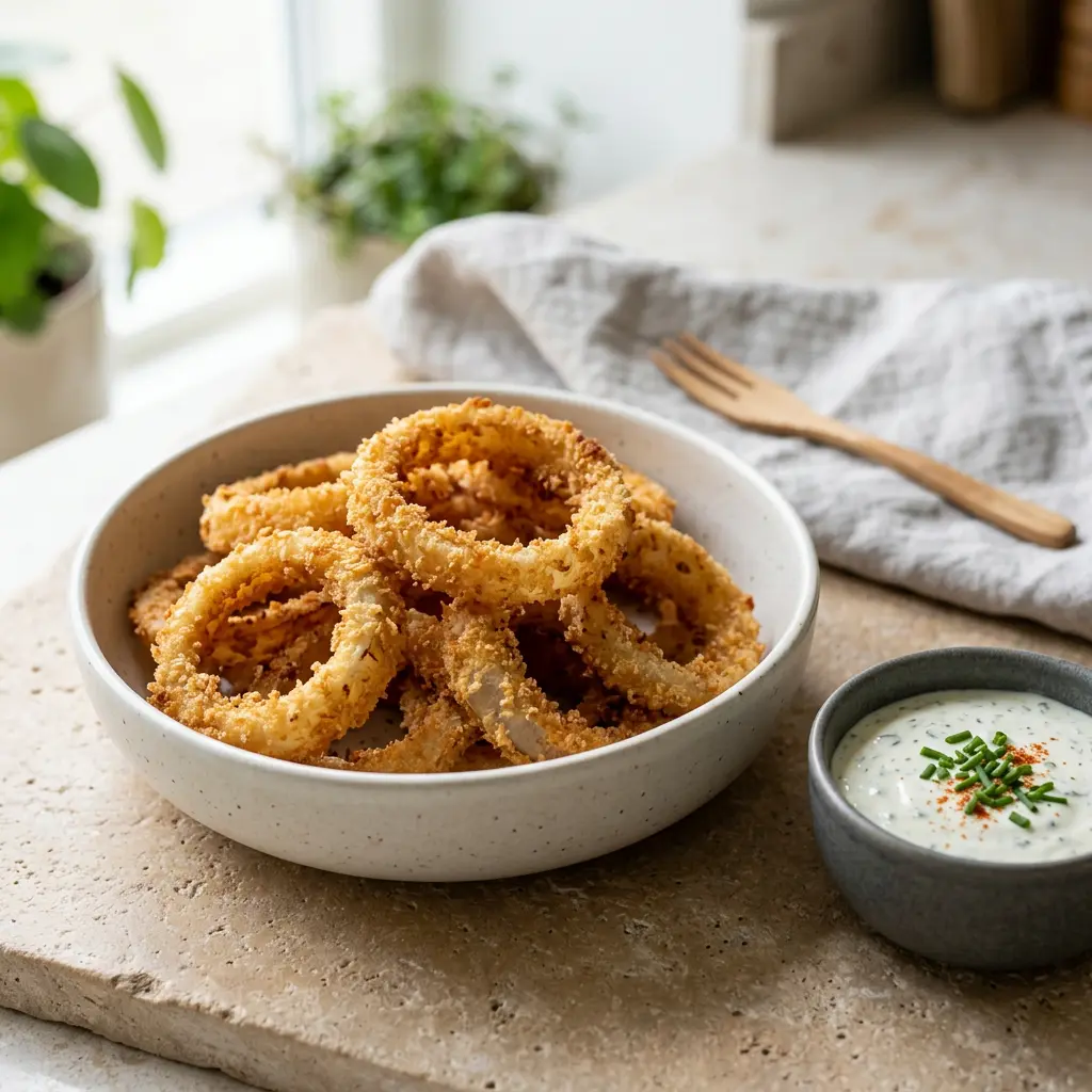 Foto af den færdige opskrift Løgringe i airfryer